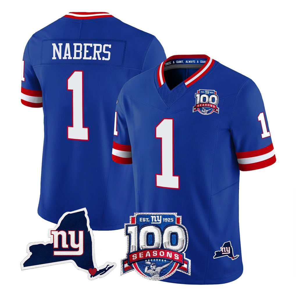 Pouc NY.Giants #1 Malik Nabers Player Royal 100th Season & State Patch Vapor Limited Home Game Stitched Jerseys