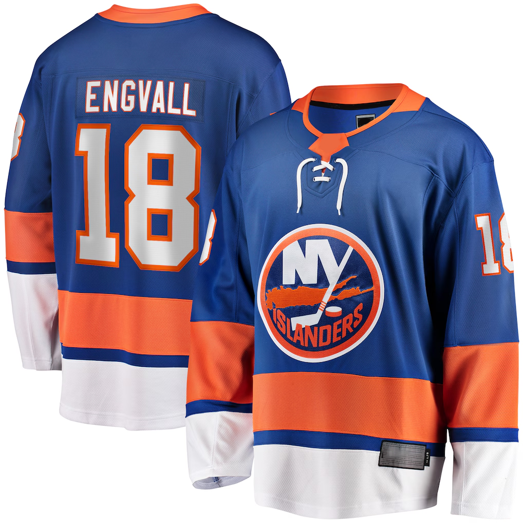 Pouc NY.Islanders #18 Pierre Engvall Blue Home Premier Breakaway Player Jerseys
