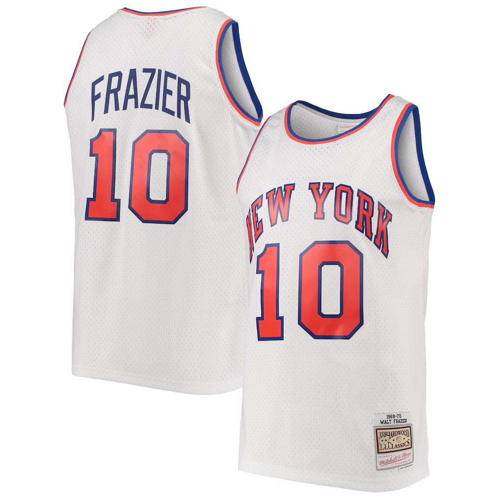 Pouc NY.Knicks #10 Walt Frazier Mitchell & Ness White Hardwood Classics Swingman Jerseys