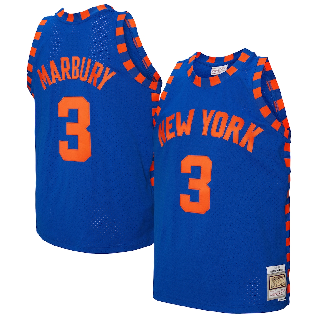 Pouc NY.Knicks #3 Stephon Marbury Mitchell & Ness Blue 200506 Hardwood Classics Swingman Jerseys
