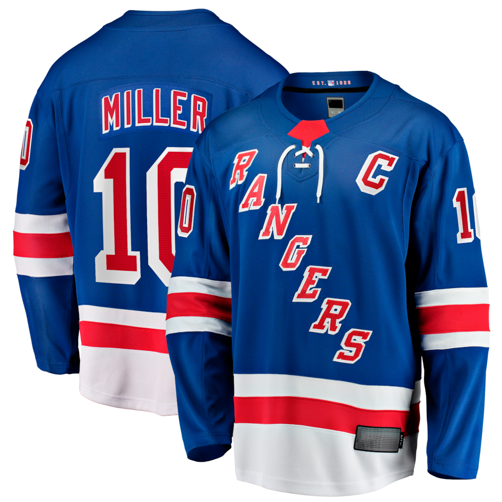 Pouc NY.Rangers #10 JT Miller Blue Home Captain's Patch Breakaway Jerseys