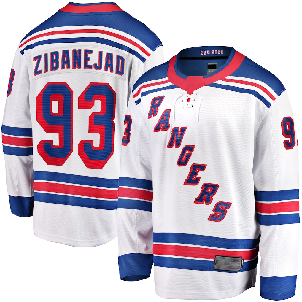 Pouc NY.Rangers #93 Mika Zibanejad White Away Premier Breakaway Player Jerseys