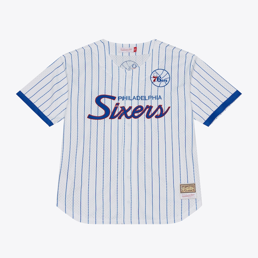 Pouc P.76ers Mitchell & Ness White Head Coach Pinstripe Mesh Full-Button Baseball Jerseys