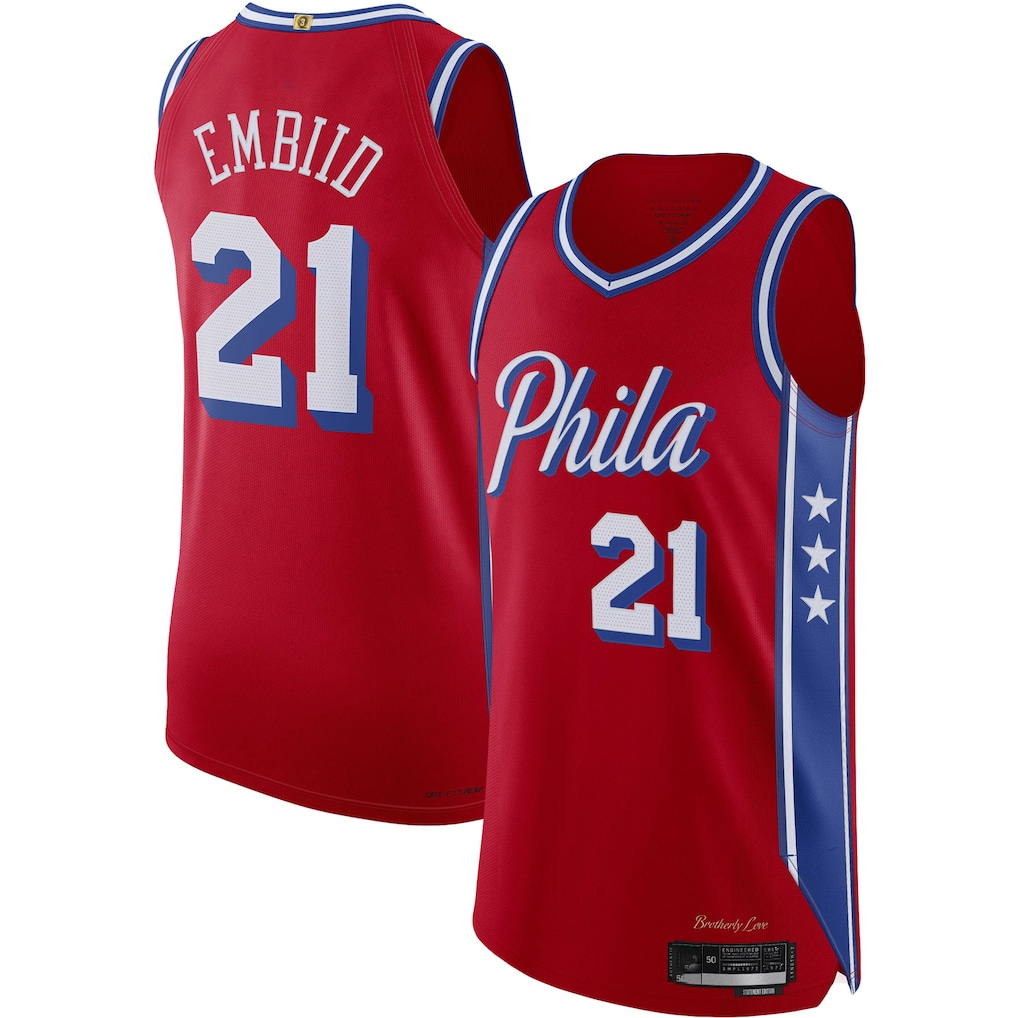 Pouc P.76ers #21 Joel Embiid Jordan Brand Red Authentic Player Jerseys - Statement Edition