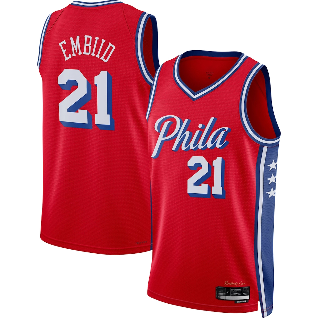 Pouc P.76ers #21 Joel Embiid Jordan Brand Red Swingman Jerseys - Statement Edition