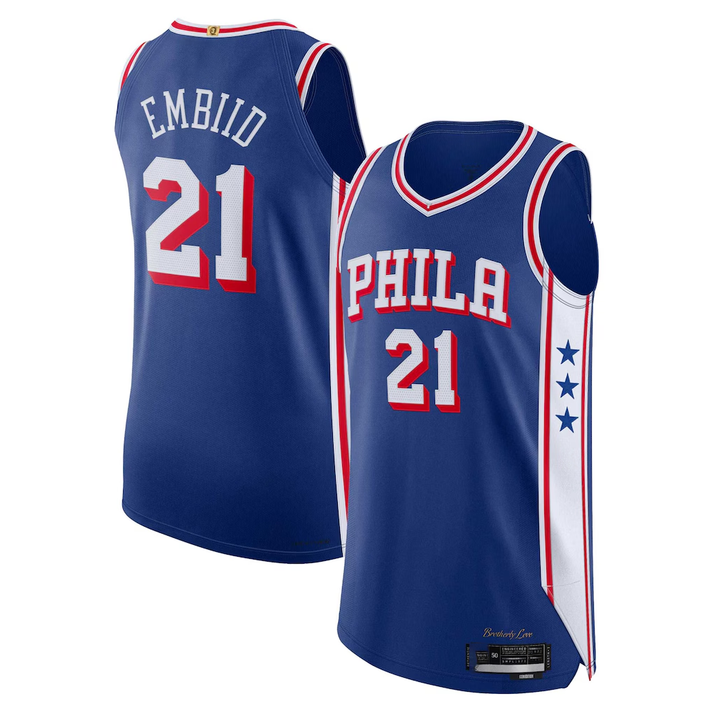 Pouc P.76ers #21 Joel Embiid Royal Authentic Jerseys - Icon Edition