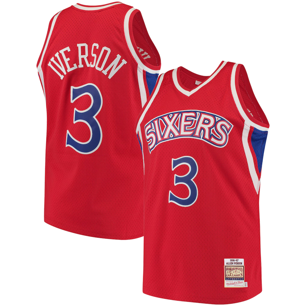 Pouc P.76ers #3 Allen Iverson Mitchell & Ness Red 199697 Hardwood Classics Authentic Jerseys