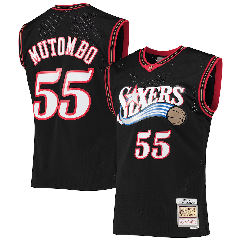Pouc P.76ers #55 Dikembe Mutombo Mitchell & Ness Black Hardwood Classics Swingman Jerseys