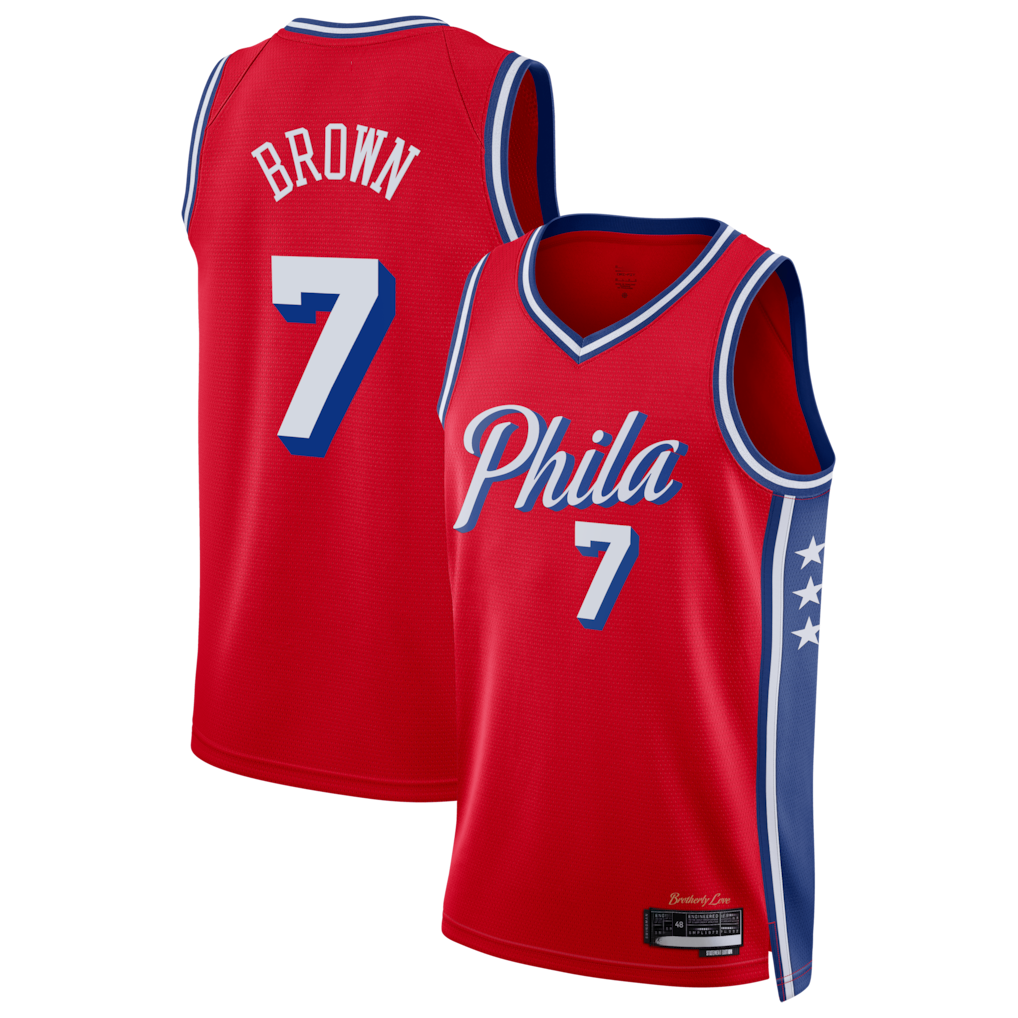 Pouc P.76ers #7 Jaylen Brown Red Swingman Jerseys - Statement Edition