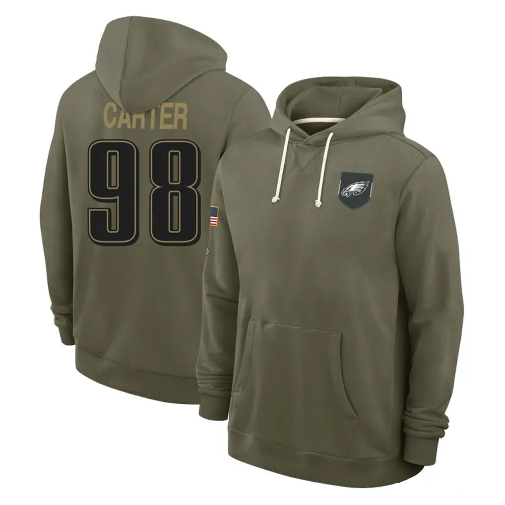Pouc P.Eagles #98 Jalen Carter Player Olive Salute to Service Pullover Hoodies Limited Stitched Jerseys