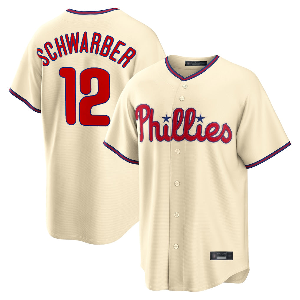 Pouc P.Phillies #12 Kyle Schwarber Player Cream Home Game Stitched Jerseys