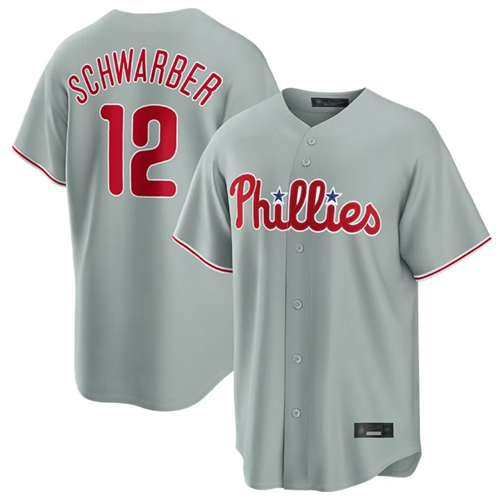 Pouc P.Phillies #12 Kyle Schwarber Player Gray Home Game Stitched Jerseys