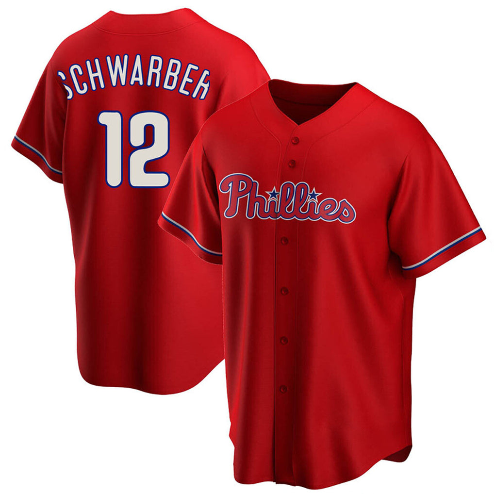 Pouc P.Phillies #12 Kyle Schwarber Player Red Home Game Stitched Jerseys