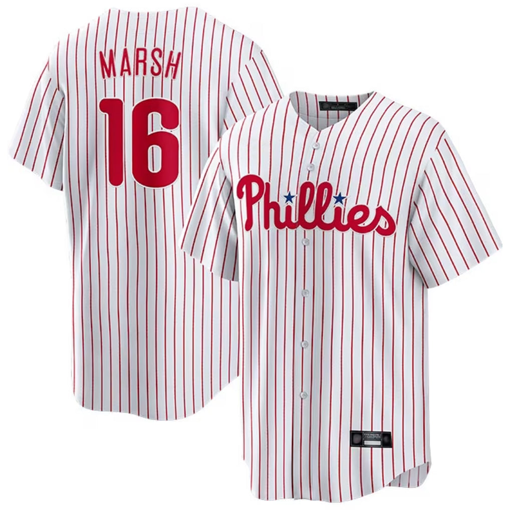 Pouc P.Phillies #16 Brandon Marsh Player White Home Game Stitched Jerseys