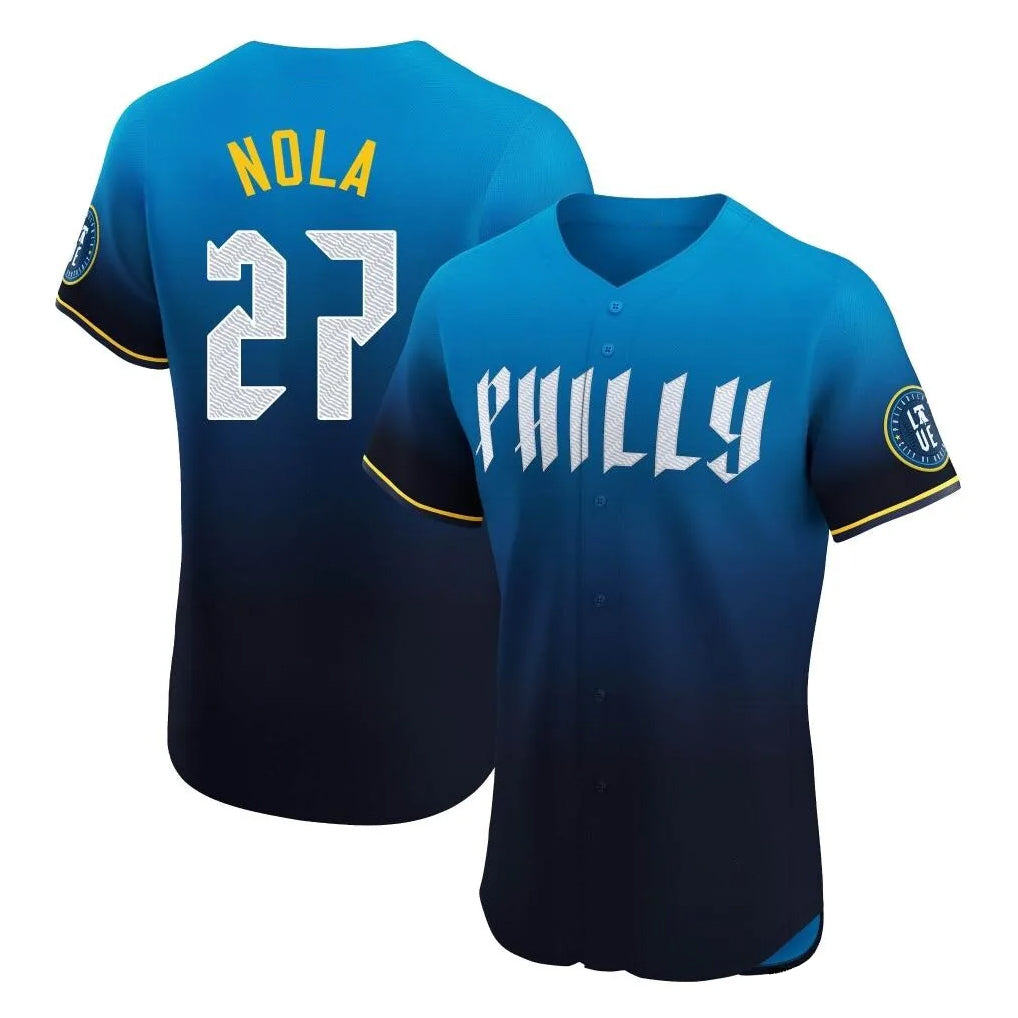 Pouc P.Phillies #27 Aaron Nola Player Blue City Connect Home Limited Elite Stitched Jerseys