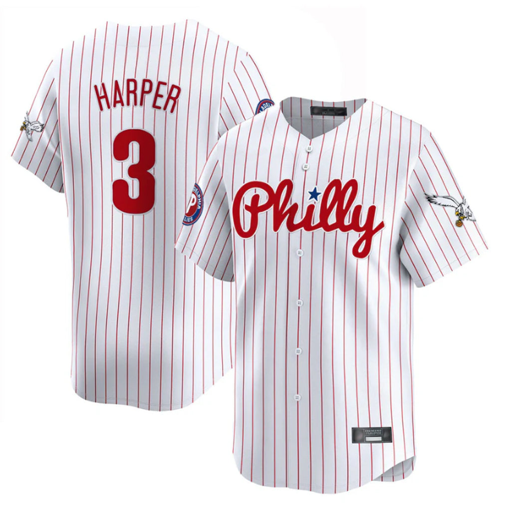 Pouc P.Phillies #3 Bryce Harper Player White Pinstripe Phillies & Eagles Vapor Premier Limited Stitched Jerseys