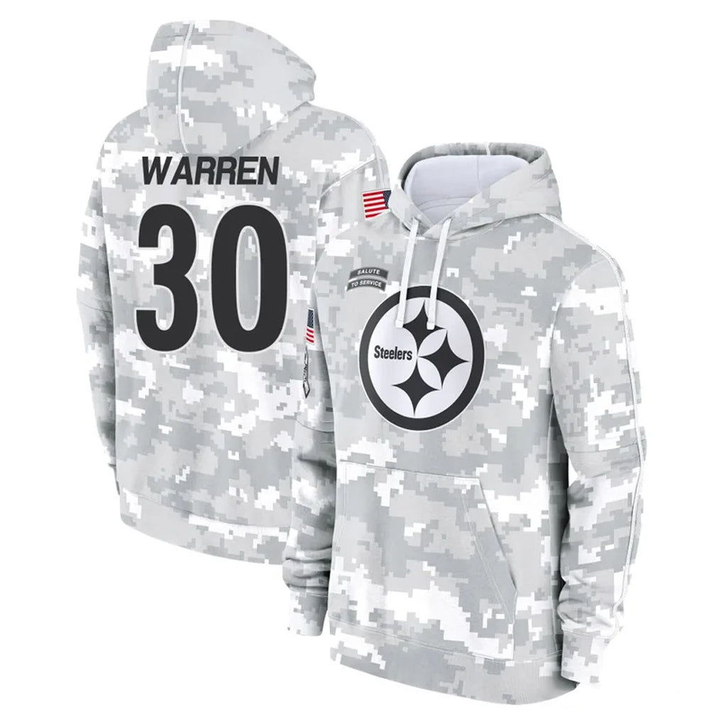 Pouc P.Steelers #30 Jaylen Warren Player Arctic Camo Limited Salute to Service Pullover Hoodies Game Stitched Jerseys