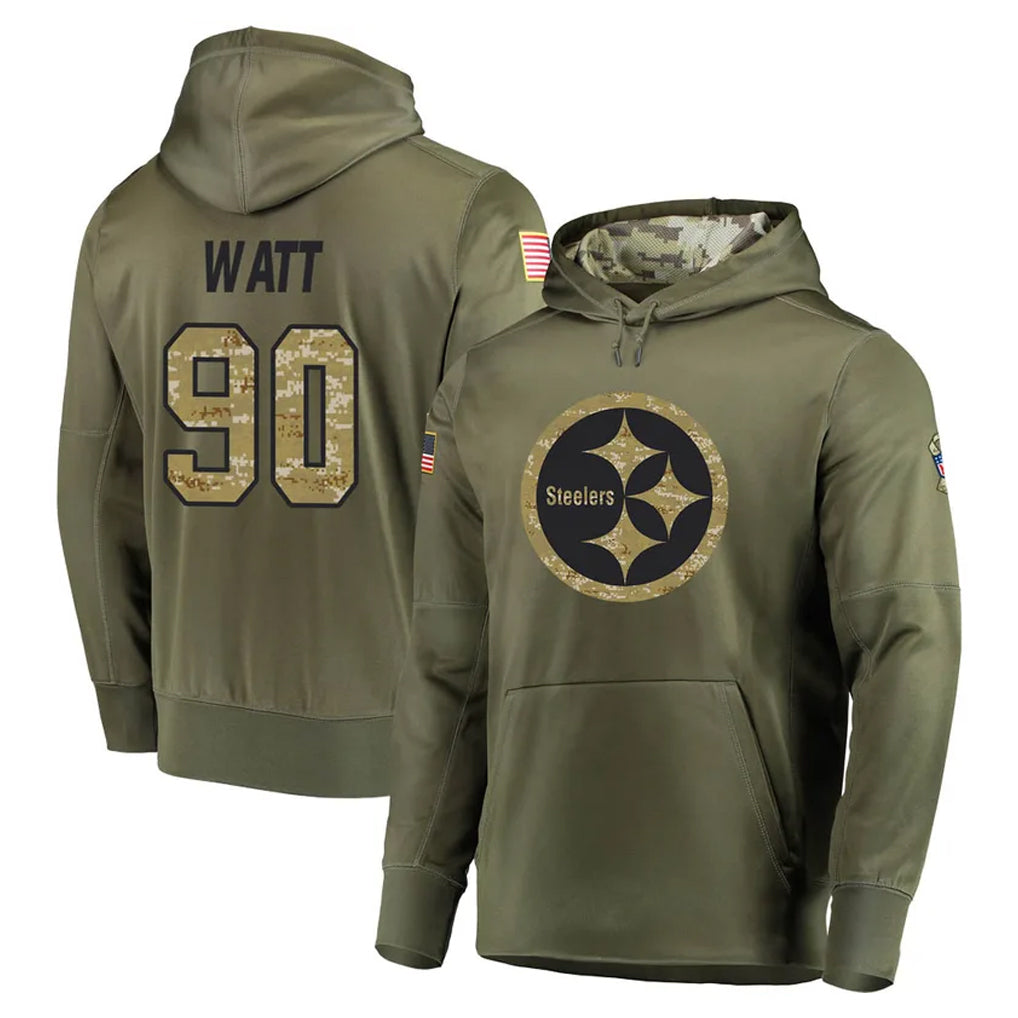 Pouc P.Steelers #90 T.J. Watt Player Olive Salute to Service Pullover Hoodie Home Game Stitched Jerseys
