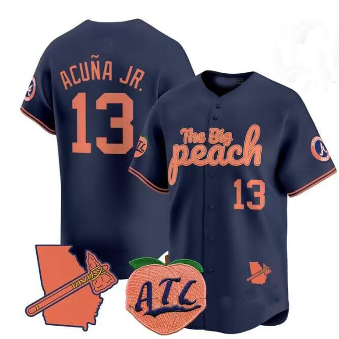 Pouc A.Braves #13 Ronald Acuna Jr. NavyThe Big Peach Vapor Stitches Personalized Jersey