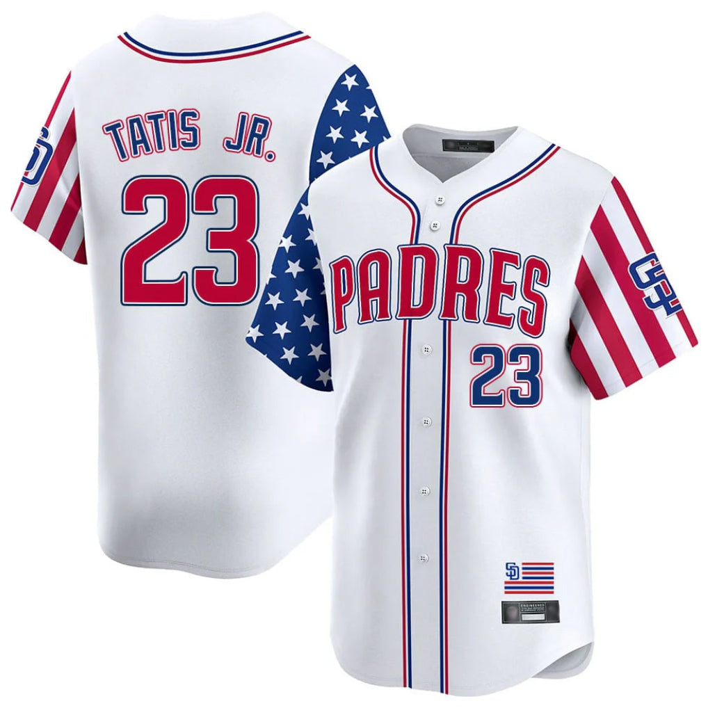 Pouc S.Diego Padres #23 Fernando Tatis Jr Player White Independence Day Home Limited Stitched Jerseys