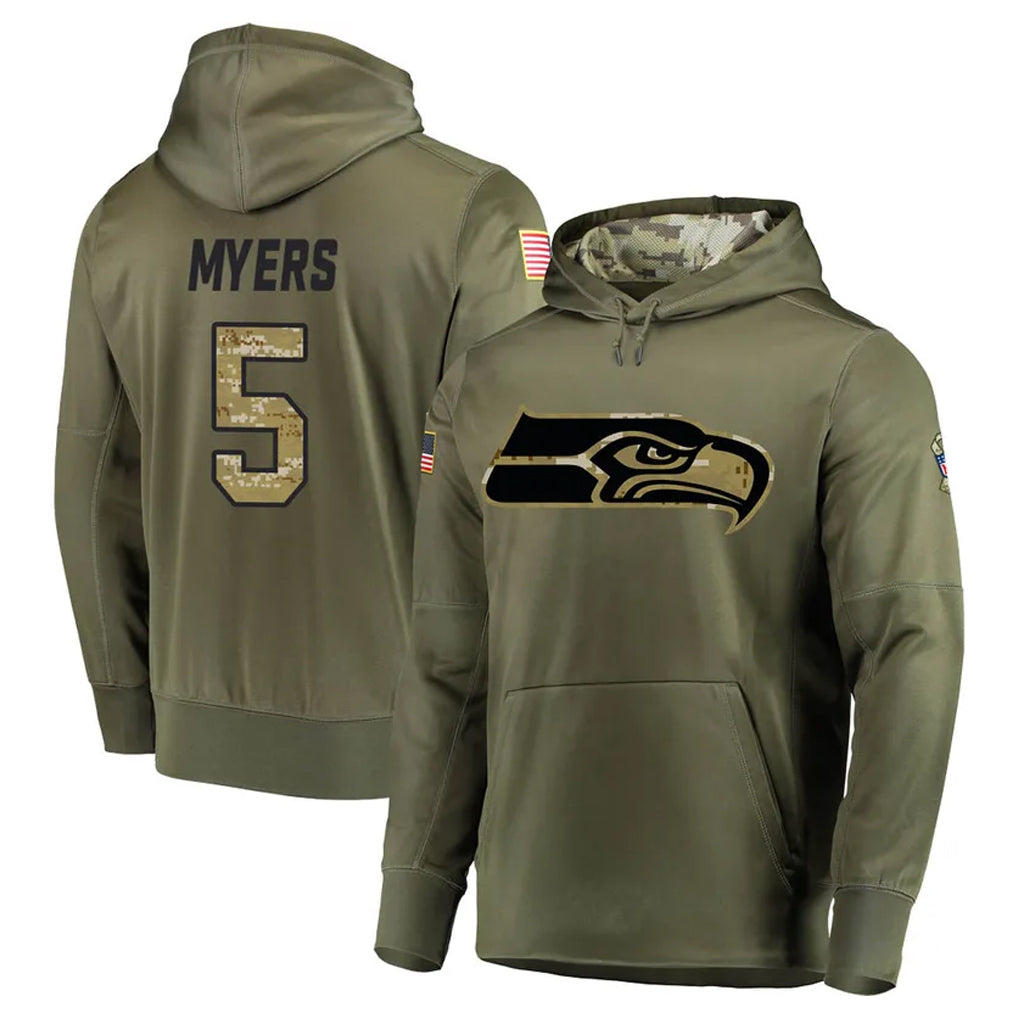 Pouc S.Seahawks #5 Jason Myers Player Olive Salute to Service Pullover Hoodie Home Game Stitched Jerseys