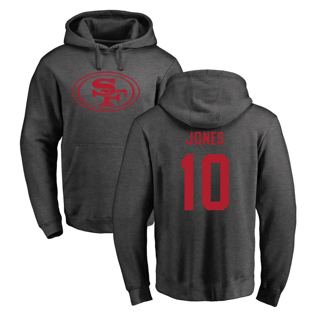 Pouc SF.49ers #10 Mac Jones Player Anthracite Pullover Hoodies Home Game Stitched Jerseys