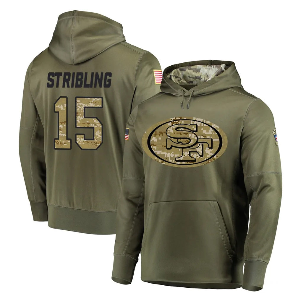 Pouc SF.49ers #15 De'Zhaun Stribling Player Olive Salute to Service Pullover Hoodie Home Game Stitched Jerseys