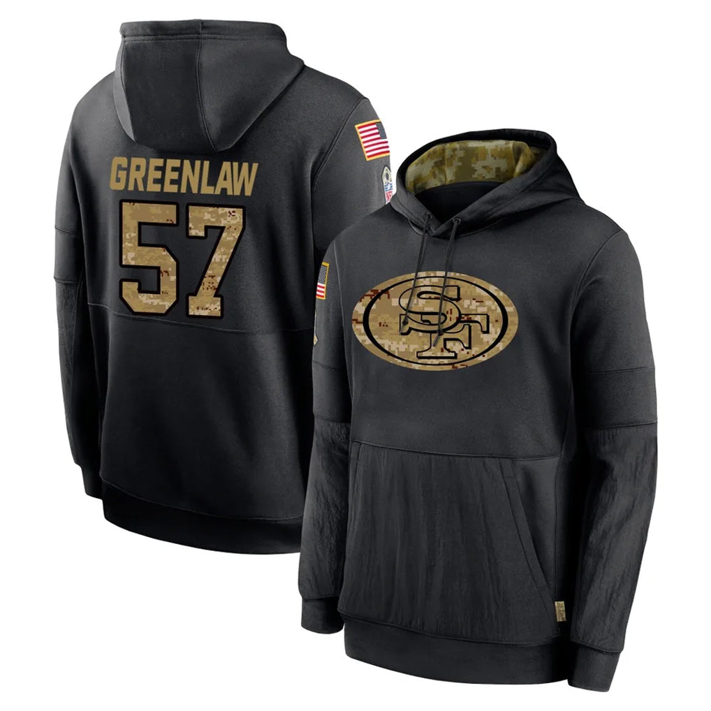 Pouc SF.49ers #57 Dre Greenlaw Player Black Salute to Service Sideline Performance Pullover Hoodies Home Game Stitched Jerseys