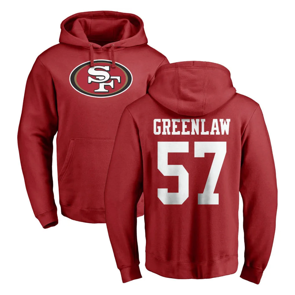 Pouc SF.49ers #57 Dre Greenlaw Player Red LOGO Pullover Hoodies Home Game Stitched Jerseys