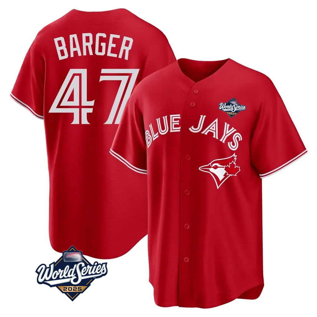 Pouc T.Blue Jays #47 Addison Barger Player Red 2025 World Series Game Stitched Jerseys