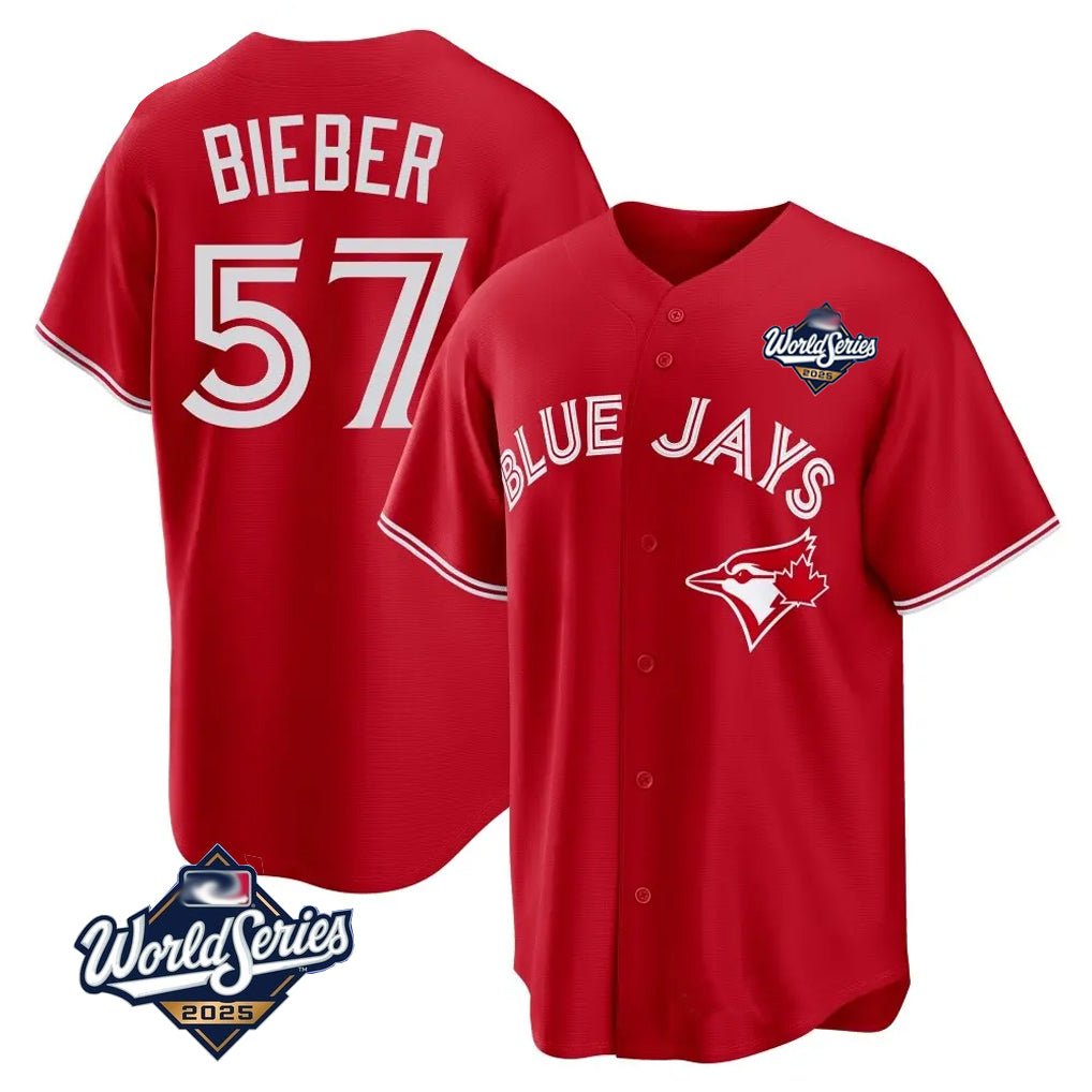 Pouc T.Blue Jays #57 Shane Bieber Player Red 2025 World Series All Stitched Jerseys