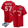 Pouc T.Blue Jays #57 Shane Bieber Player Red 2025 World Series All Stitched Jerseys