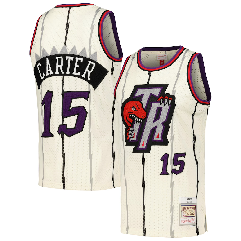 Pouc T.Raptors #15 Vince Carter Mitchell & Ness Cream Chainstitch Swingman Jerseys