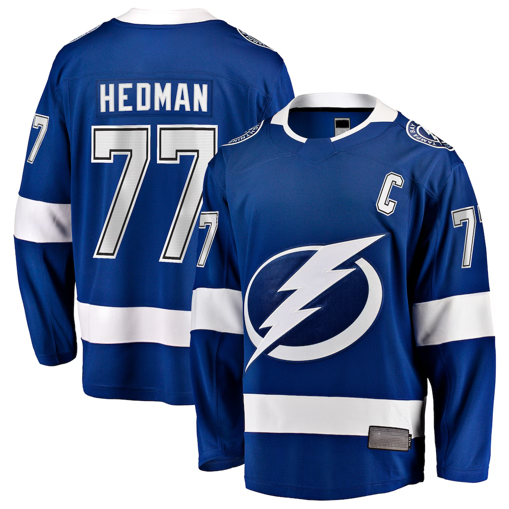 Pouc TB.Lightning #77 Victor Hedman Blue Home Captain Patch Breakaway Jerseys