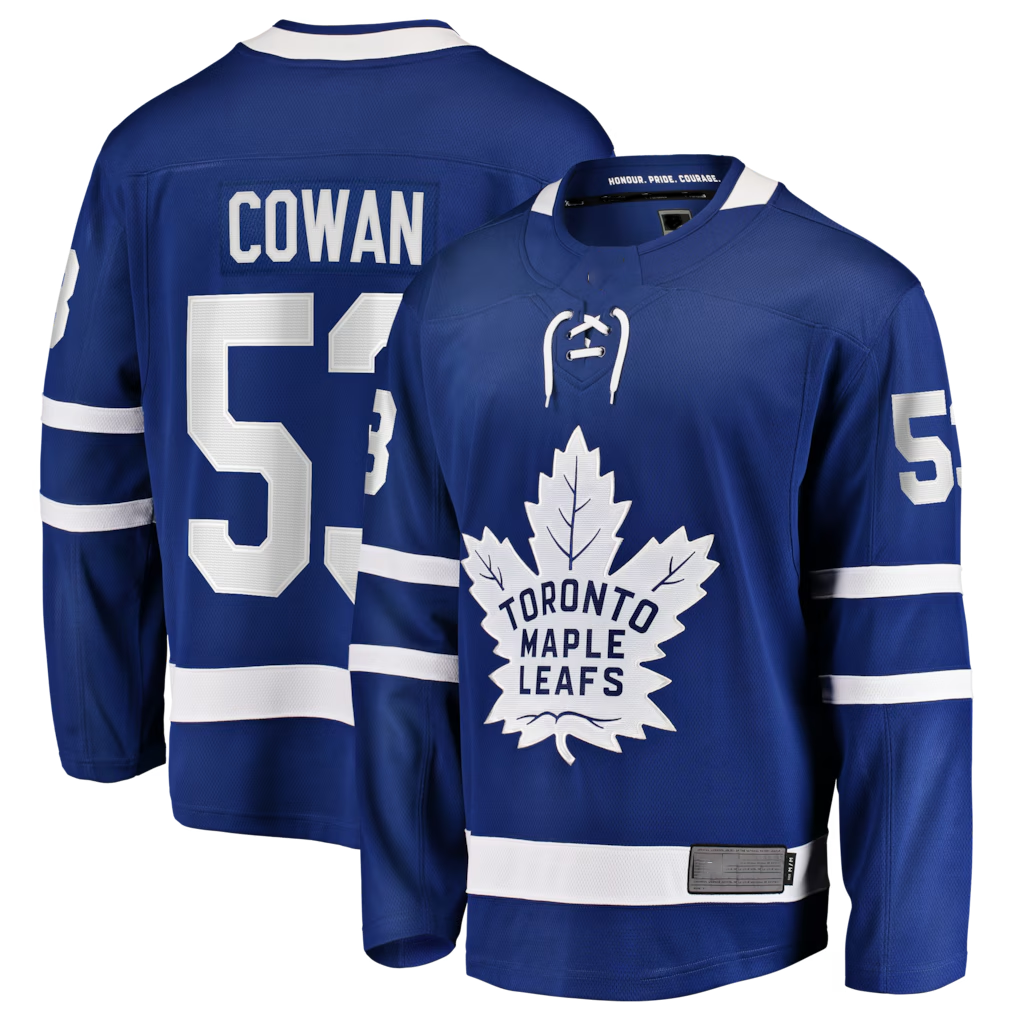 Pouc T.Maple Leafs #53 Easton Cowan Blue Home Breakaway Jerseys