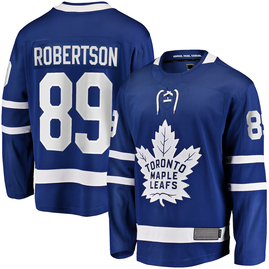 Pouc T.Maple Leafs #89 Nicholas Robertson Blue Home Premier Breakaway Player Jerseys
