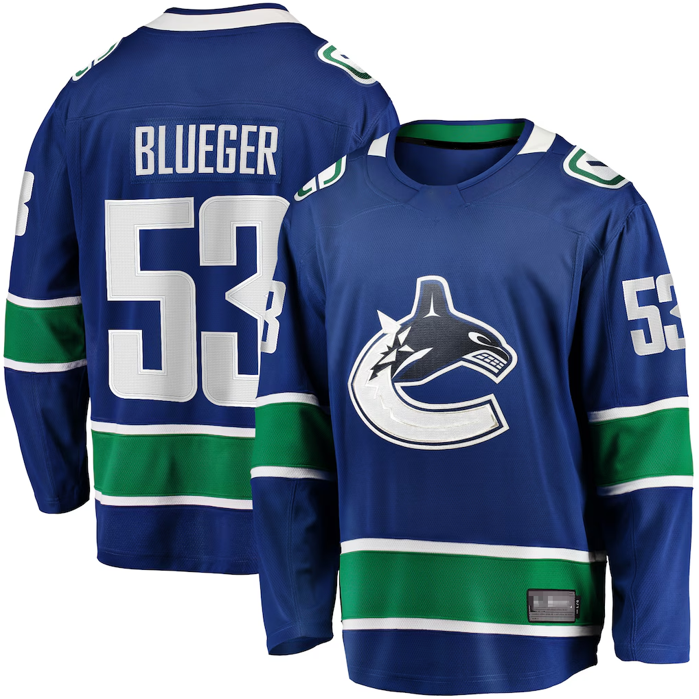 Pouc V.Canucks #53 Teddy Blueger Blue Home Breakaway Jerseys