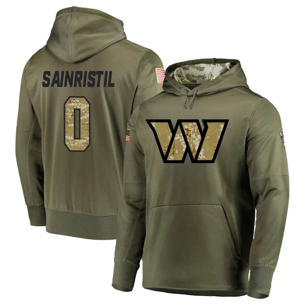 Pouc W.Commanders #0 Mike Sainristil Player Olive Salute to Service Hoodies Stitched Jerseys
