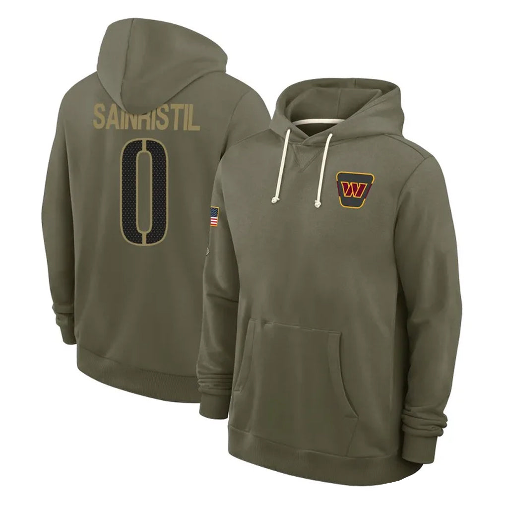 Pouc W.Commanders #0 Mike Sainristil Player Olive Salute to Service Pullover Hoodies Limited Home Stitched Jerseys