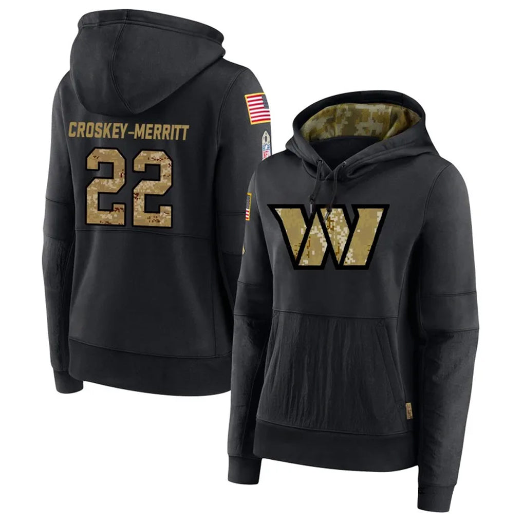 Pouc W.Commanders #22 Jacory Croskey-Merritt Player Black Salute to Service Hoodies Stitched Jerseys