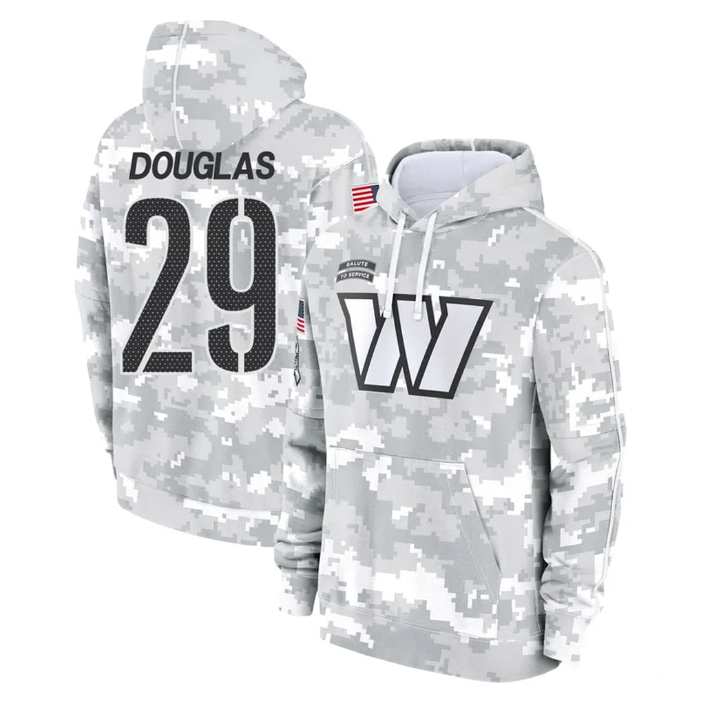 Pouc W.Commanders #29 Rasul Douglas Player Arctic Camo Limited Salute to Service Pullover Hoodies Game Stitched Jerseys