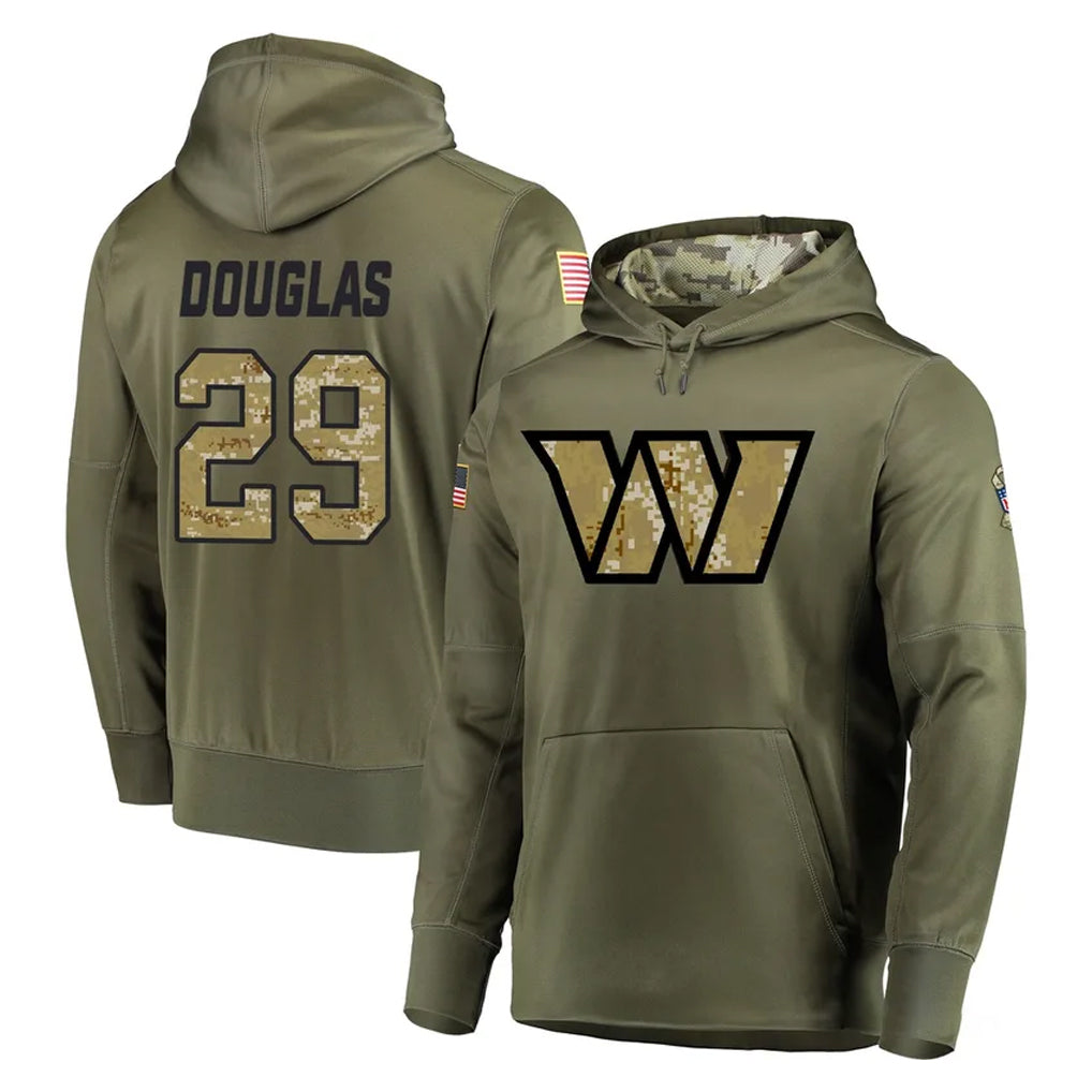 Pouc W.Commanders #29 Rasul Douglas Player Olive Salute to Service Pullover Hoodie Limited Home Game Stitched Jerseys
