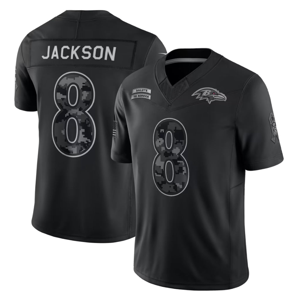 Pouc B.Ravens #8 Lamar Jackson Player Black Limited 2026 Salute to Service Home Game Stitched Jerseys